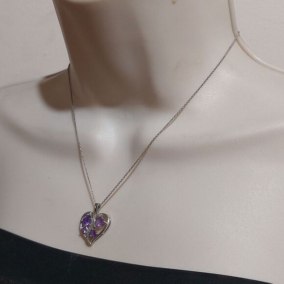 Amethyst And Diamond Heart Pendant Sterling Silver Necklace 925 PAM Italy - Picture 4 of 8